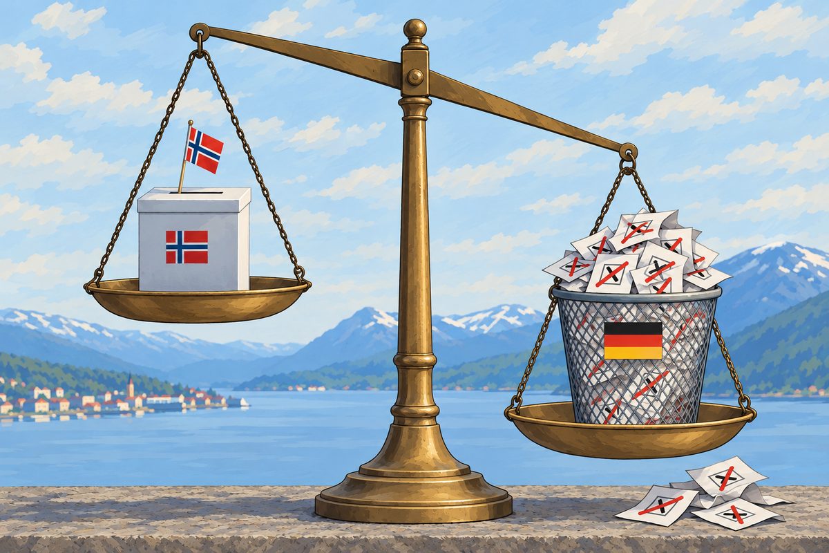 Eine Waage vor einem norwegischen Fjord: Auf der leichteren Schale steht eine Wahlurne mit norwegischer Flagge, auf der schwereren ein Papierkorb mit deutscher Flagge voller durchgestrichener Stimmzettel, einige liegen daneben am Boden