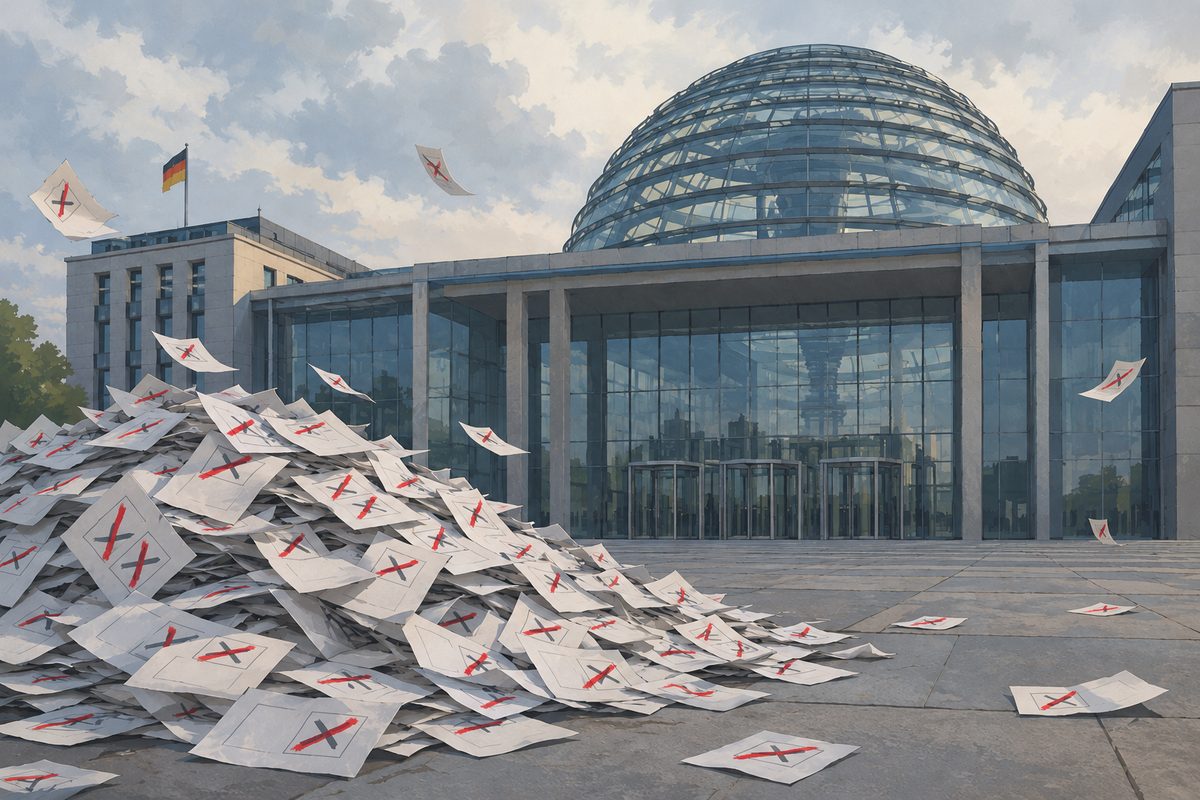 Ein Berg ausgefüllter, durchgestrichener Stimmzettel liegt vor dem Reichstagsgebäude, einzelne Zettel wehen im Wind davon